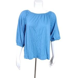 Tommy Hilfiger Womens Blue Textured Puff Sleeve Blouse Scoop Neck Top XS